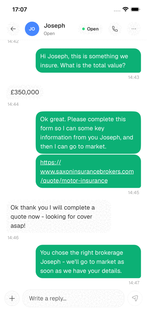 Auricall Chat on iPhone, showing a visitor conversation
