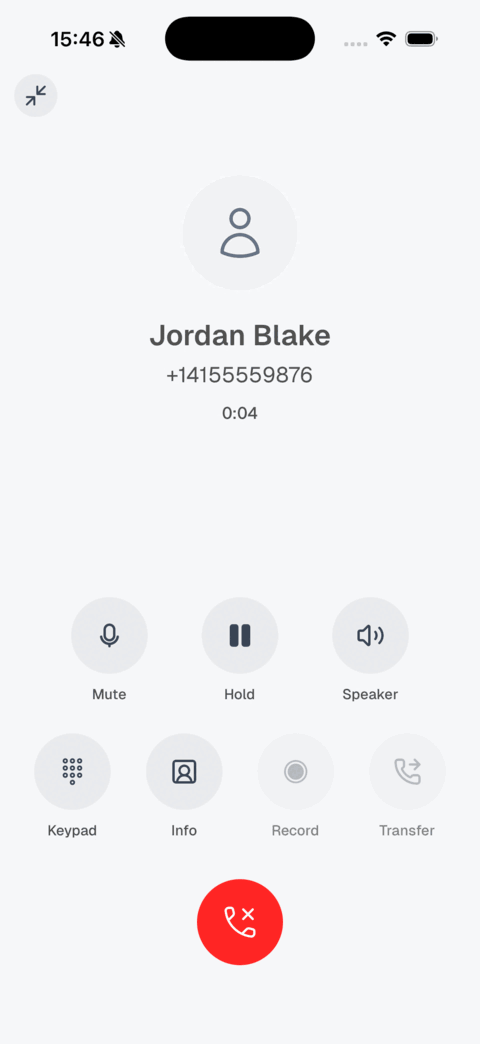 Auricall Voice on iPhone, showing an active call